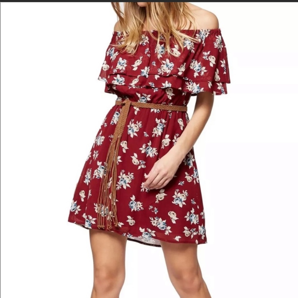 Sanctuary Red Floral Off The Shoulder Dress